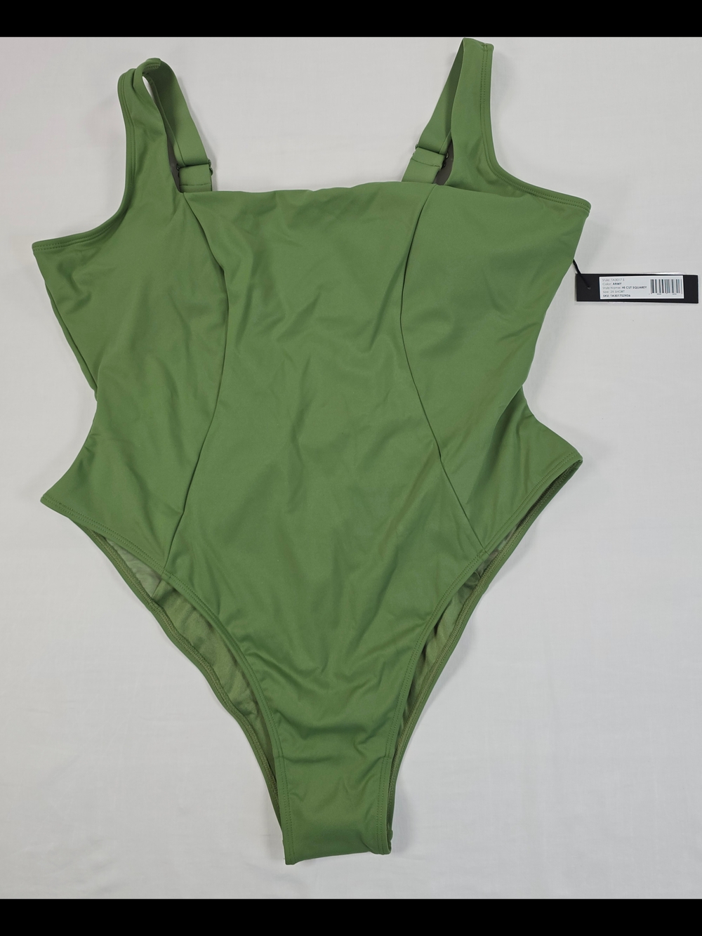 TA3 Hi Cut Squarey Army Green One Piece Swimsuit Lined 2X Short Snatched Beach